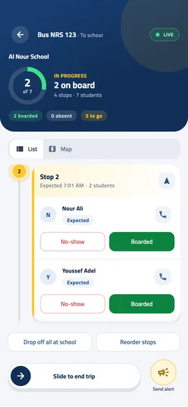 Two app screens: the live trip map and the list for marking children.